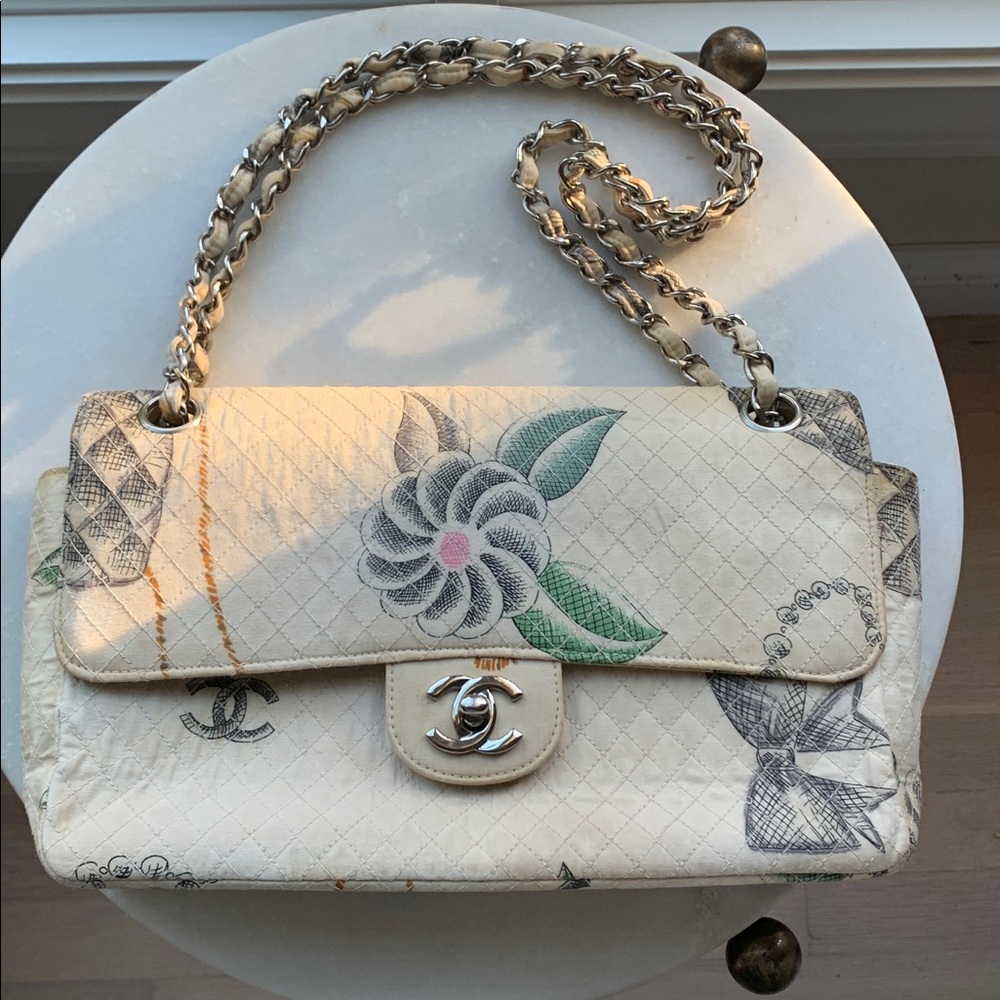 RARE CHANEL 96P Quilted Camellia Floral Bow Pearl Shoe Charm Flap Bag Silver HW